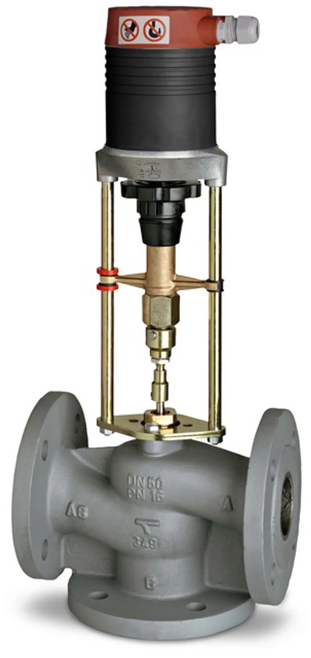 Regelventil von IMI Hydronic Engineering mit einem oberen Antrieb und einem metallenen Gehäuse. Das Ventil hat Flansche zur Montage und ist für Flüssigkeitsregelungen konzipiert.
